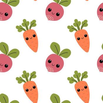 sin costura modelo con Zanahoria y rábano. linda sonriente verduras modelo. vector