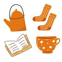 Cozy set with teapot, mug and socks. Autumn vibe elements. vector