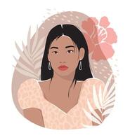 Gentle sticker print with an Asian girl, palm leaves and a flower. Juicy hand drawn illustration for modern design. vector