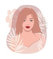 Gentle sticker print with a blond girl, palm leaves and a flower. Juicy hand drawn illustration for modern design. vector