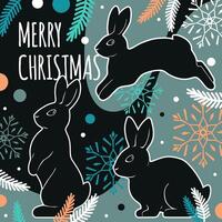 Christmas card with rabbits and snowflakes vector