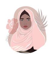 Gentle sticker print with a woman in a hijab, palm leaves and a flower. Juicy hand drawn illustration for modern design. vector
