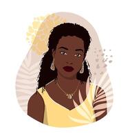 Gentle sticker print with an African girl, palm leaves and a flower. Juicy hand drawn illustration for modern design. vector