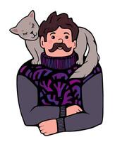Man with cat illustration on shoulder vector
