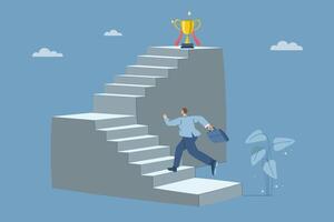 Man ascending stairs towards trophy vector