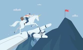 Person on unicorn reaching mountain peak vector