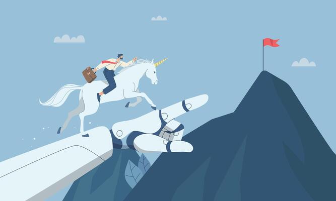 Businessman riding a unicorn running towards a target on a robot hand, using technology to support business, design illustration.