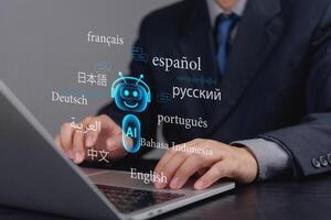 A man in a suit is typing on a laptop with the word ai in the background photo