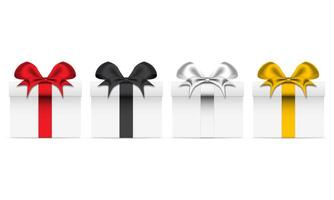 Set of white gift boxes with different color ribbons, red, gold, silver, and black. Realistic giftbox in front view, isolated on white background vector