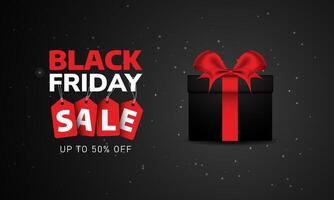 Black Friday Sale Text Over Black Background And Black Gift Box with Red ribbon bow. Suitable For Black Friday Business Holiday vector