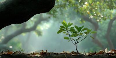 Small Green Plant Sprouting from Tree Trunk Base in Misty Forest Setting photo