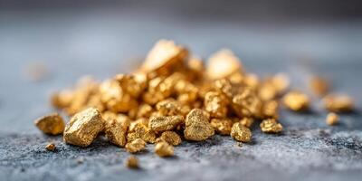 Closeup Pile of Gold Nuggets on Gray Surface Golden Texture Rich Precious Metal photo