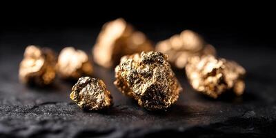Closeup of Gold Nuggets on Black Surface Golden Rock Texture Precious Metal Wealth Luxury photo
