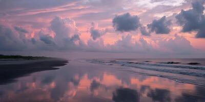 Pink and Purple Sunset Clouds Reflecting on Ocean Beach Sand photo