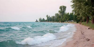 Ocean Waves Crashing on Sandy Beach Summer Day Shoreline Trees photo