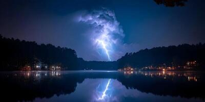 Night Lake Scene with Lightning Strike and Reflection photo