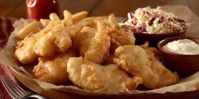 Crispy Fried Fish Filets with French Fries Coleslaw and Tartar Sauce photo