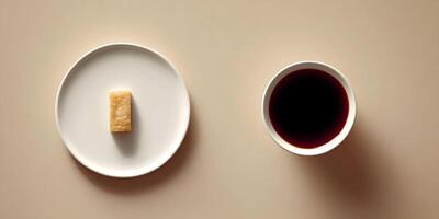 Brown Sugar Cube on Plate with Coffee in Bowl Minimalist Flatlay Still Life photo