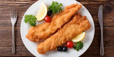 Fried Fish Fillet Dish with Lemon and Olives Garnish Top View photo