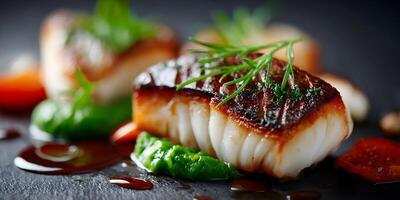 PanSeared Cod Fillet Gourmet Dish with Spinach Puree and Roasted Tomatoes photo