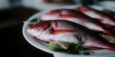 Three Red Snapper Fish on White Plate with Lime and Cilantro photo