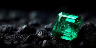Emerald Gemstone on Black Coal Closeup Photography photo
