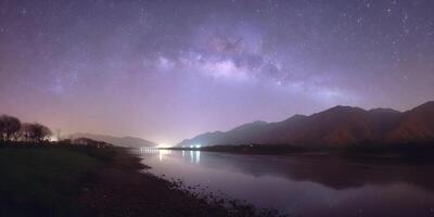 Night Sky Milky Way Galaxy over Calm River and Mountains photo