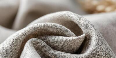 Closeup Beige Linen Fabric Texture Detailed Wrinkled Swirled Material photo