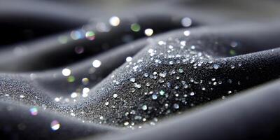 Dark Gray Fabric with Sparkling Dew Drops Closeup Texture photo
