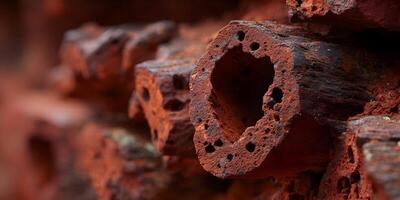 Red Porous Stone Texture Closeup Detailed Irregular Holes Rough Surface Background photo