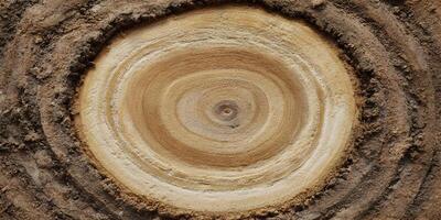 Tree Stump Cross Section with Soil Texture Detailed concentric rings wood grain earth photo