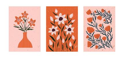 Set of floral wall art in hand drawn style with blooming flowers and minimal vases. Warm palette of terracotta, pink, and navy blue. Perfect for boho decor, greeting cards, posters, and spring design vector
