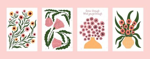 Set of hand drawn floral posters with motivational message Grow through what you go through. Minimal flat design with textured botanical elements. Ideal for wall decor, greeting cards, and positive vector