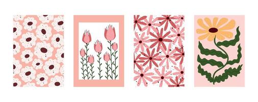 Minimal floral posters with pink and yellow flowers in modern hand drawn style. Bright spring botanical collection with blooming patterns and decorative daisies. Perfect for wall art vector