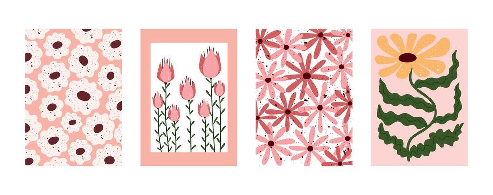 Minimal floral posters with pink and yellow flowers in modern hand drawn style. Bright spring botanical collection with blooming patterns and decorative daisies. Perfect for wall art