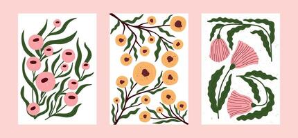 Hand drawn botanical posters with bold stylized flowers and green leaves. Modern floral wall art in flat textured style. Ideal for home decor, nursery prints, or creative surface design. vector