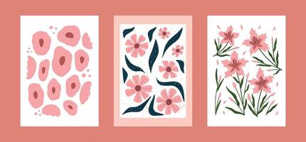 Hand drawn floral posters in minimal style. Modern flower wall art with simple pink blooms and green leaves. Cute botanical design for print, card, and decor. vector
