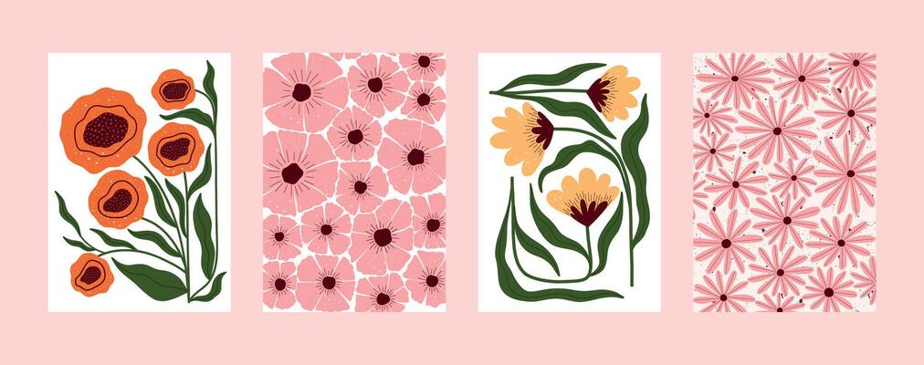 Hand drawn floral poster collection with stylized flowers, seamless daisies, and botanical elements. Modern decorative set perfect for wall art, greeting cards, packaging, and summer-themed projects.