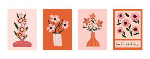 Hand drawn floral posters with stylized flowers in vases and motivational quote. Minimal botanical illustrations in warm tones. Great for wall art, greeting cards, or home decor. vector