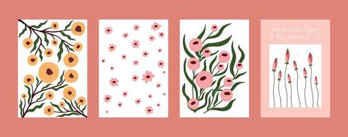Hand drawn floral compositions and patterns with minimalist pastel flowers and inspirational lettering. Includes abstract botanical art, decorative bouquets, and blooming quotes. Perfect for posters vector