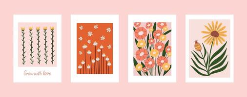 Hand drawn flower poster collection with blooming wildflowers and botanical stems. Minimal and cheerful floral wall art in modern style. Perfect for nursery decor, greeting cards, or surface design. vector