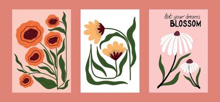 Hand drawn floral posters with abstract flowers, curved leaves, and inspirational quote. Modern flat botanical art with playful shapes and textured details. Perfect for wall decor, greeting cards vector