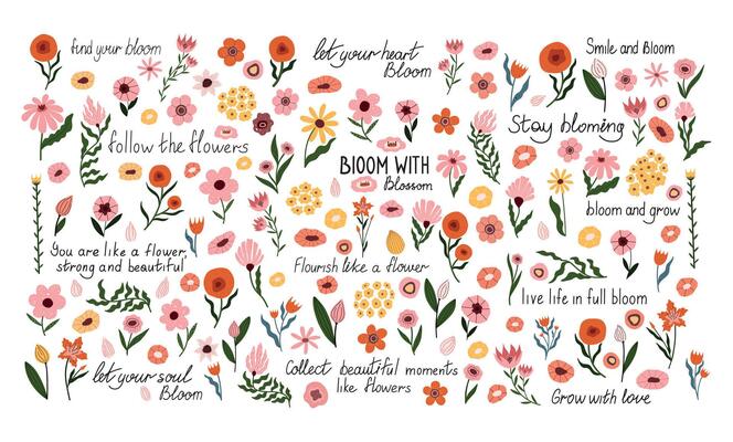 Inspirational floral lettering with positive quotes and hand drawn flower elements. Uplifting typography with cute botanical doodles in pink, orange, and yellow. Perfect for posters, wall decor, cards