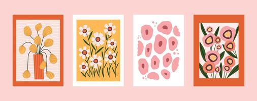 Set of hand drawn floral posters featuring stylized wildflowers, abstract petals, botanical stems, and decorative vases. Playful and minimal design for wall art, nursery decor, packaging vector