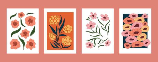 Hand drawn floral compositions featuring modern abstract flowers and leaves. Set of minimalist botanical posters ideal for wall art, home decor, and nature-inspired prints. vector