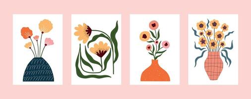 Set of hand drawn floral posters with decorative vases and minimal flat flowers. Whimsical and elegant botanical illustrations, perfect for wall decor, greeting cards, or modern interior accents. vector
