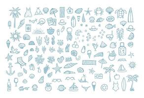 Hand drawn summer vacation icon set with beach elements, sea creatures, drinks, and accessories. Doodle style travel collection for posters, greeting cards, patterns, and digital design. vector