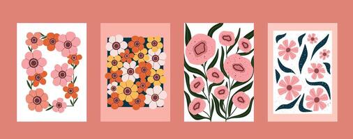 Set of hand drawn floral wall art in modern style. Colorful pink, orange and yellow flowers with green leaves. Minimal abstract flower compositions, trendy botanical prints for home decor. vector