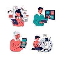 Four illustrations depicting people using technology vector