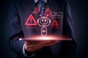 Man in suit holding tablet with ai and warning icons on it photo